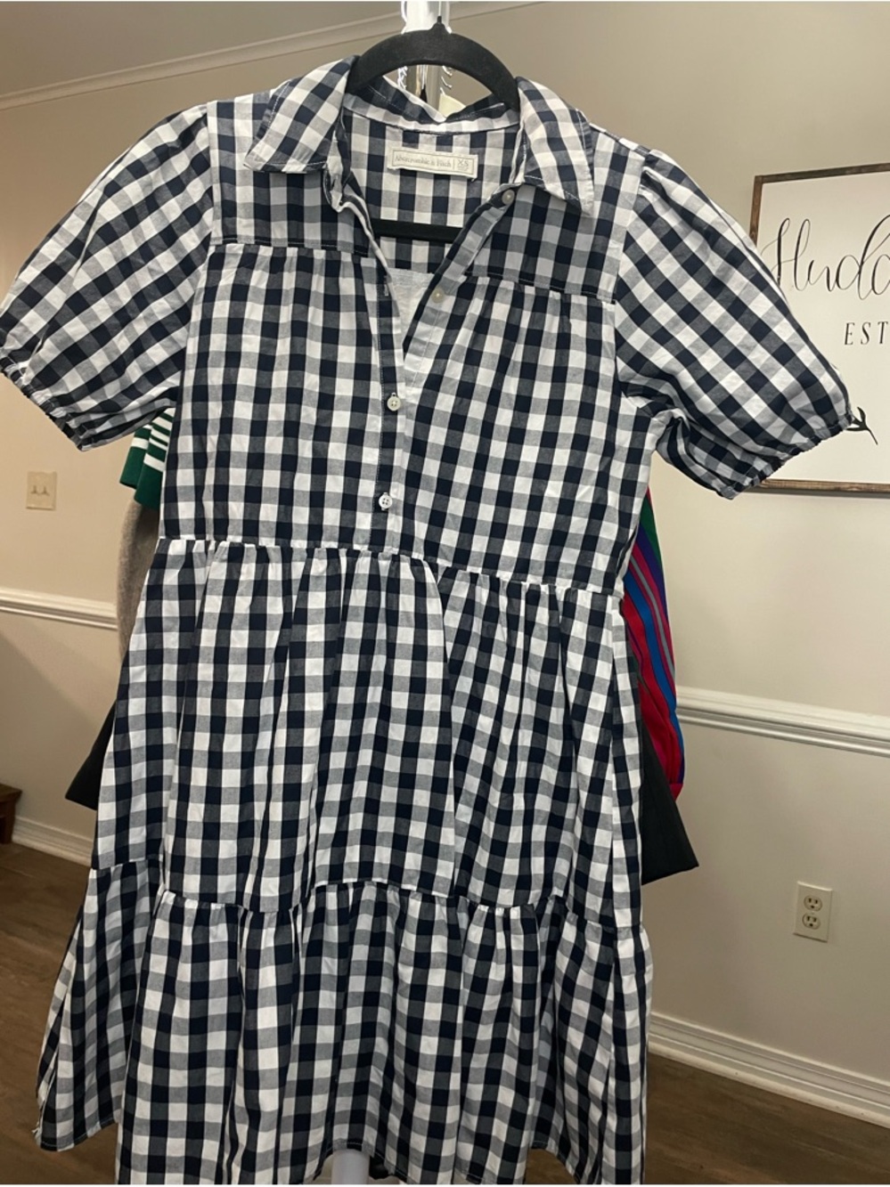 Abercrombie & Fitch Navy and White Gingham Tiered Shirt Dress